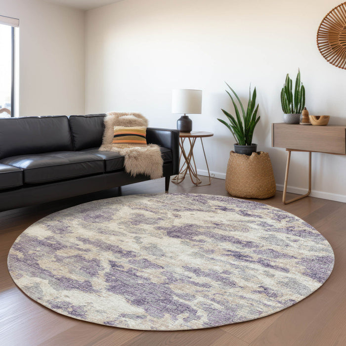 8' Abstract Washable Round Rug With UV Protection - Purple / Ivory