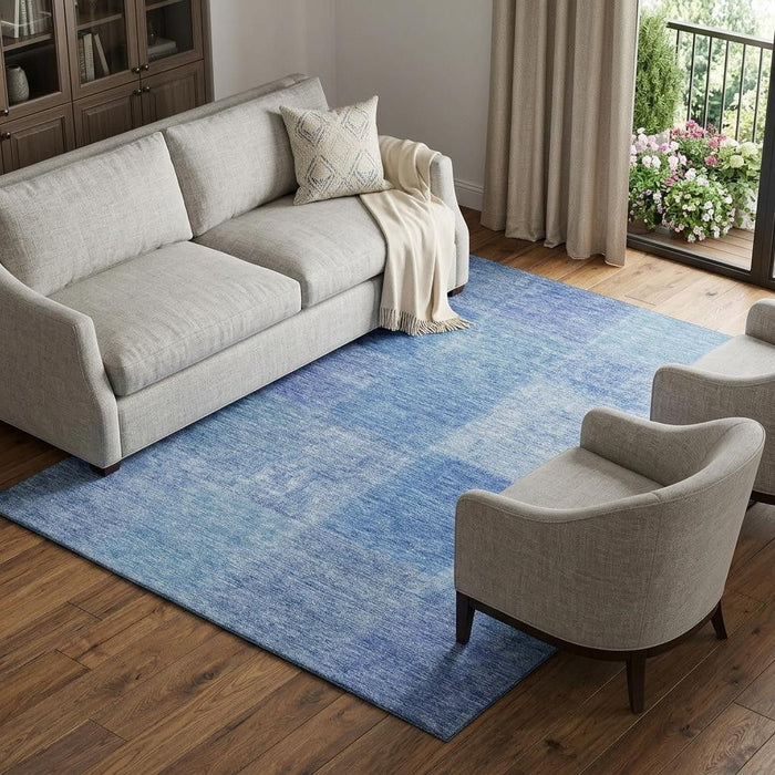10' X 14' Patchwork Washable Area Rug With UV Protection (655228) - Denim Blue / Ivory