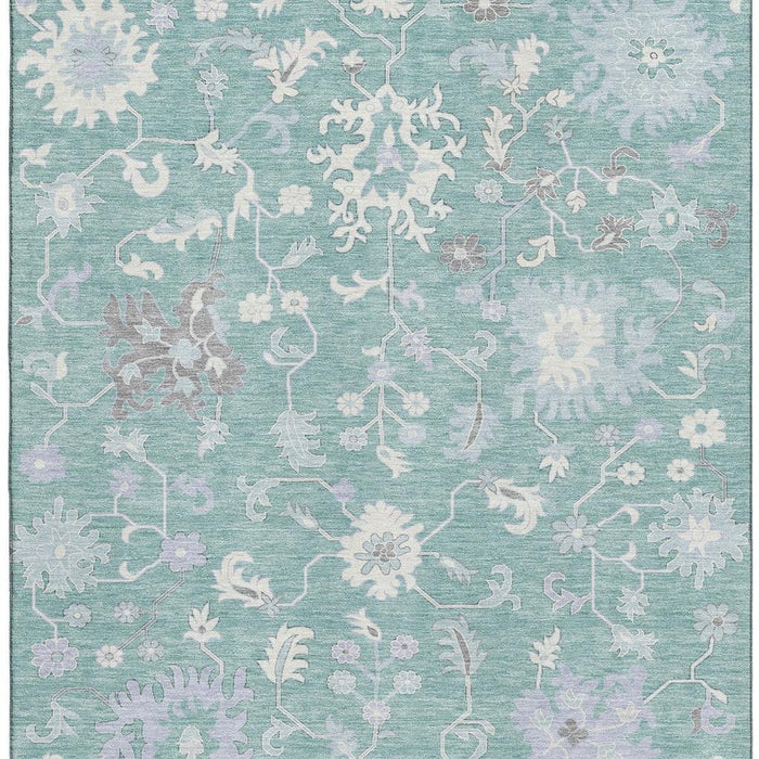10' X 14' Floral Washable Area Rug With UV Protection (705923) - Pale Aqua / Ivory