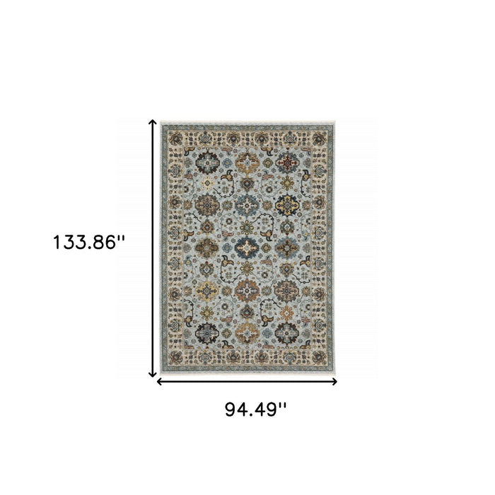 7.9' x 11.2' Oriental Power Loom Area Rug With Fringe - Blue And Beige
