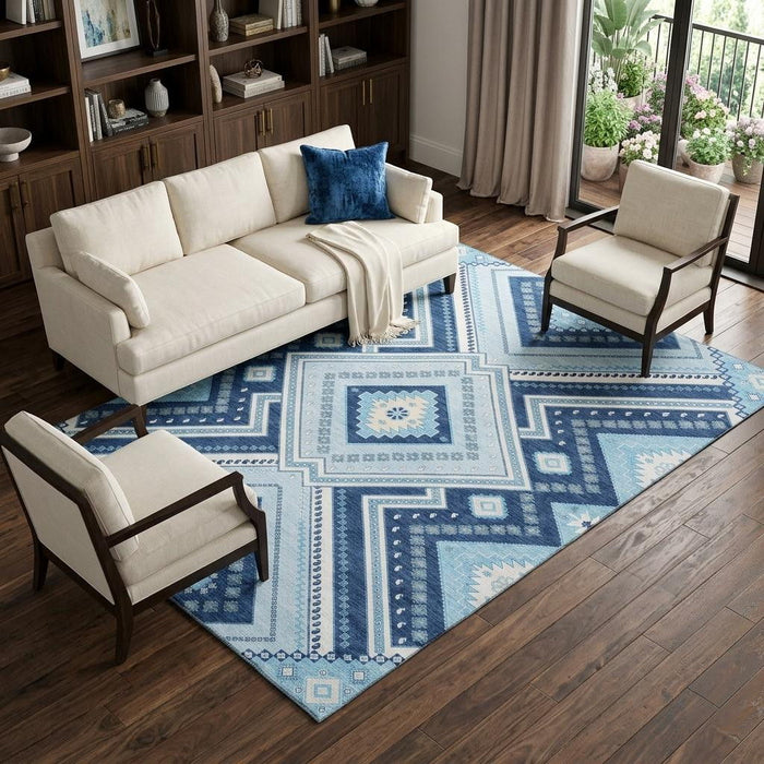 10' X 14' Tribal Washable Area Rug With UV Protection (679300) - Navy Blue / Ivory