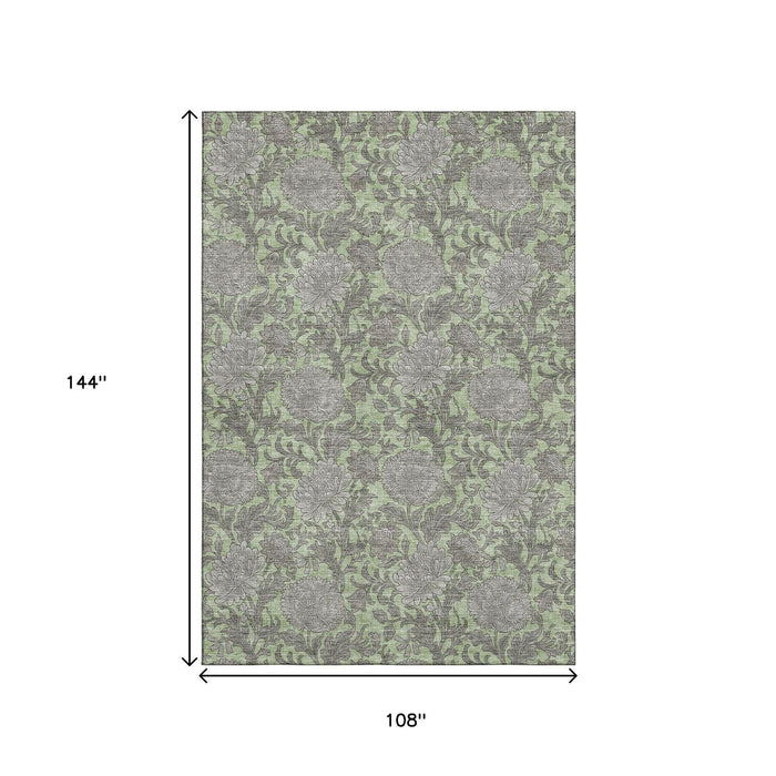 9' X 12' Floral Washable Area Rug With UV Protection (655769) - Artichoke Green / Gray