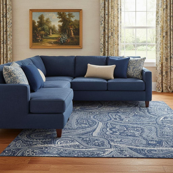 8' X 10' Paisley Washable Area Rug With UV Protection (652657) - Navy Blue / Ivory