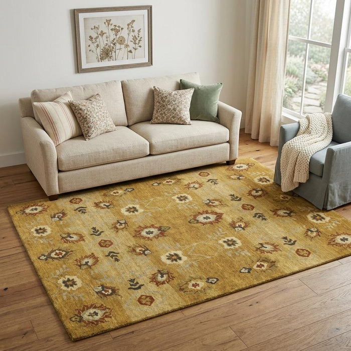 5' X 8' Wool Floral Hand Knotted Area Rug (744134) - Gold / Tan / Red