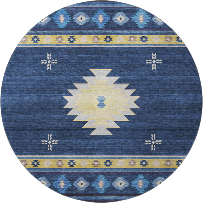 8' Geometric Washable Round Rug With UV Protection - Blue And Gold