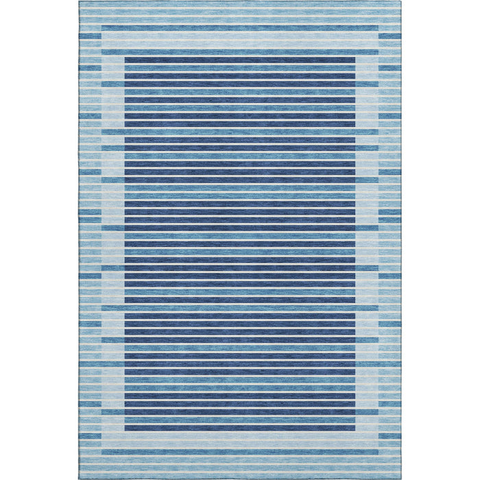 10' X 14' Striped Washable Area Rug With UV Protection (693504) - Sky Blue / Ivory / Navy Blue