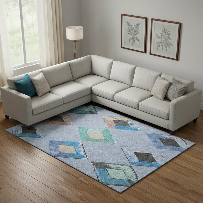 10' X 14' Geometric Washable Area Rug With UV Protection (710687) - Denim Blue / Charcoal / Mauve