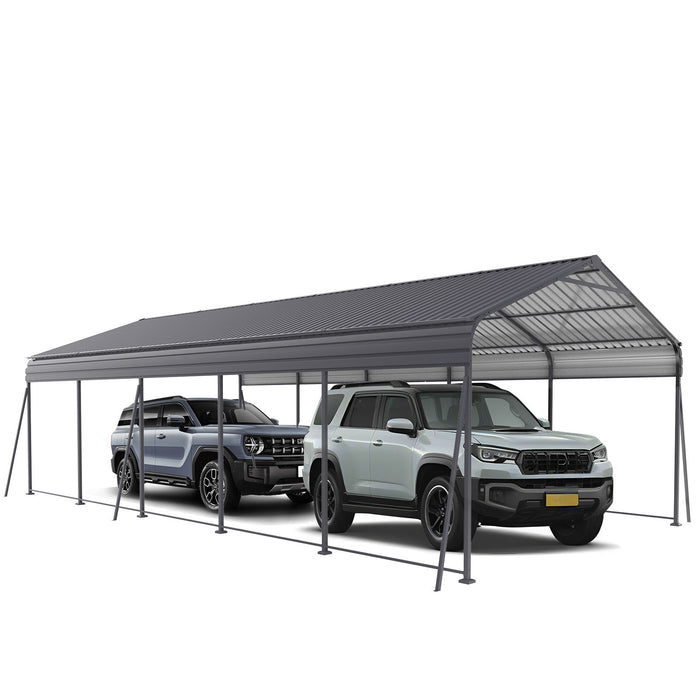 Gray Giga metal carport with galvanized steel roof and frame, 13x26.5 ft outdoor garage canopy for cars, boats, and trucks.