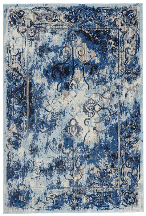 10' x 14' Floral Distressed Stain Resistant Area Rug - Blue Ivory And Gray