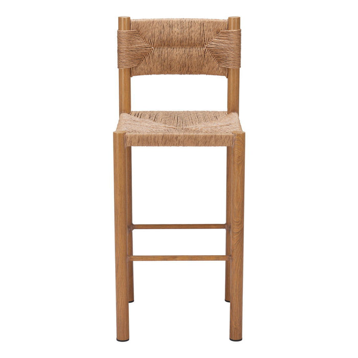 Set of two natural rattan and aluminum low back bar height chairs by HomeRoots, featuring woven rattan seats and sleek frame.