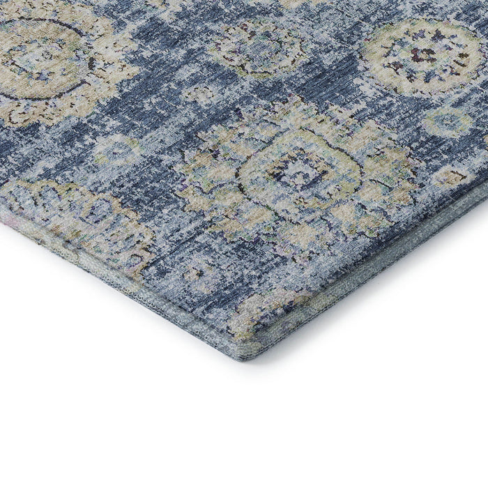 8' Floral Washable Round Rug With UV Protection (653185) - Blue / Ivory / Gold