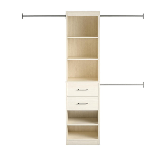 Giga Kelly 5-shelf closet organizer with 2 drawers and 3 adjustable hanging rods in ivory, designed for wardrobe storage.