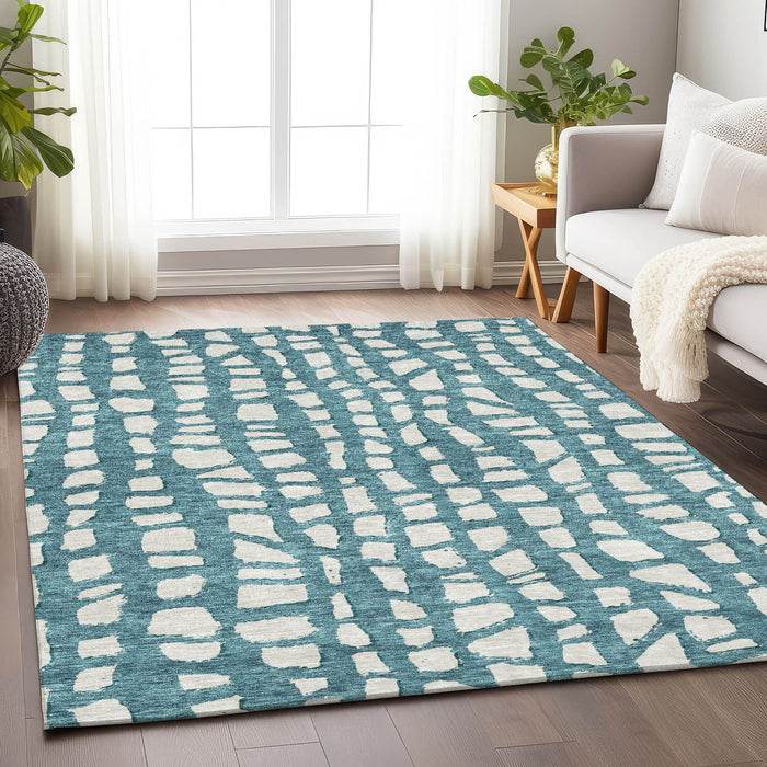9' X 12' Cobblestone Washable Area Rug With UV Protection - Teal And Ivory