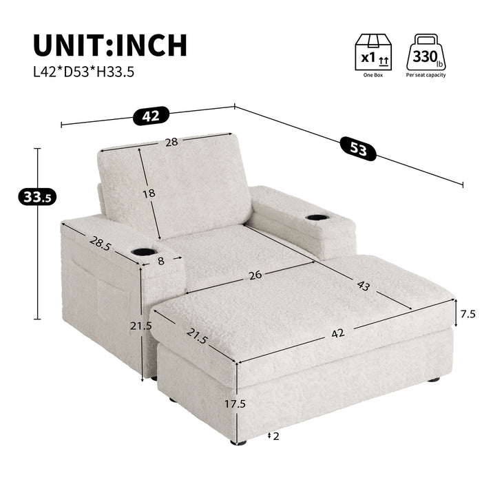Giga oversized chaise lounge indoor rabbit fur sofa bed with storage ottoman, armrests, cup holders, and deep seat for comfort and style