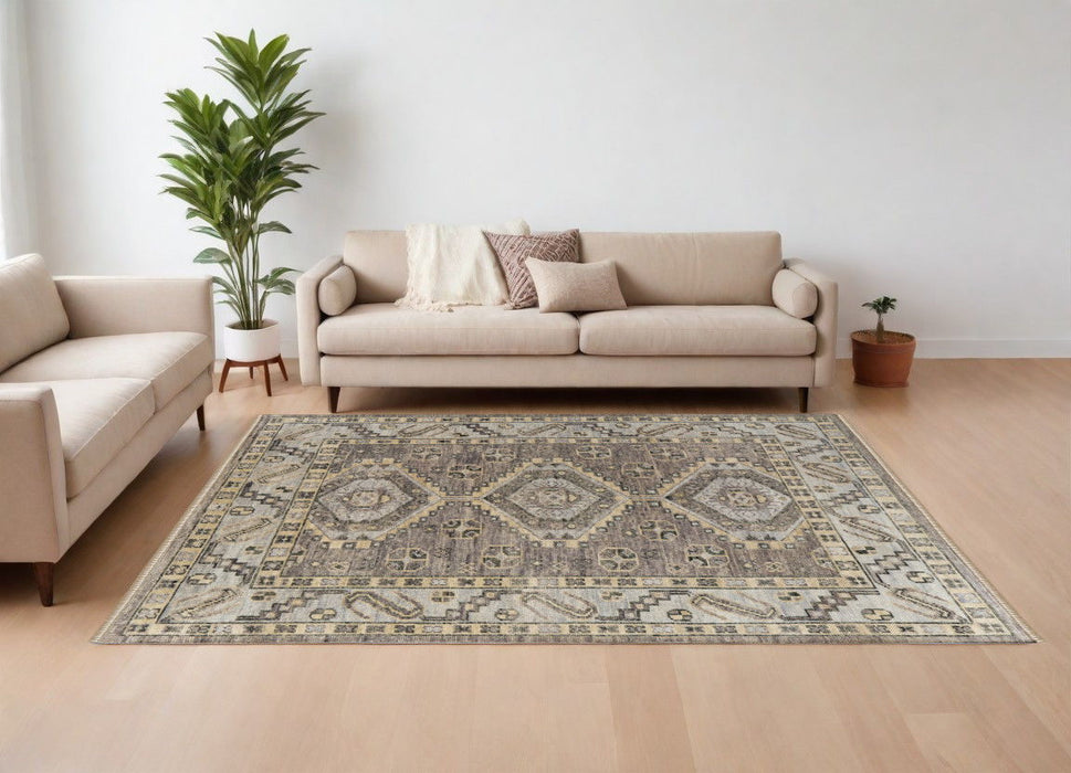 9' x 12' Wool Geometric Hand Knotted Area Rug With Fringe - Gray And Brown