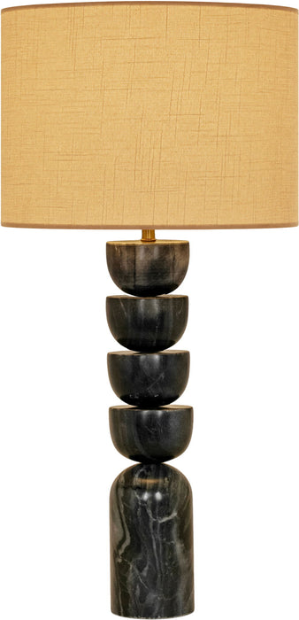 Meridian Furniture Opus table lamp with genuine marble base, linen textured fabric shade, and brass accents.