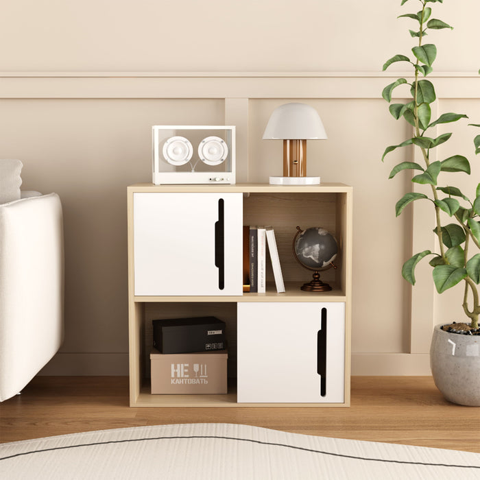 Giga storage cabinet with sliding doors, 2-tier open and closed shelves in natural and white finish, ideal for organizing spaces.