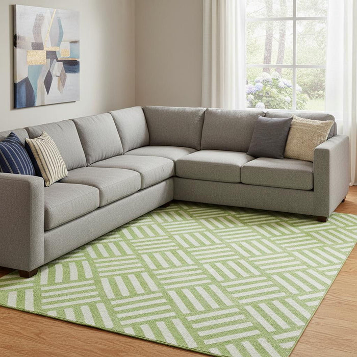 10' X 14' Geometric Washable Area Rug With UV Protection (652377) - Lime Green / Ivory