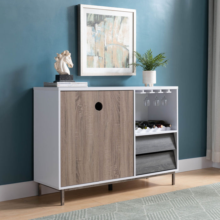 Giga wooden wine cabinet with drawer, white and dark taupe finish, holds six wine glasses with open shelf and storage drawer.