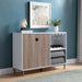 Giga wooden wine cabinet with drawer, white and dark taupe finish, holds six wine glasses with open shelf and storage drawer.