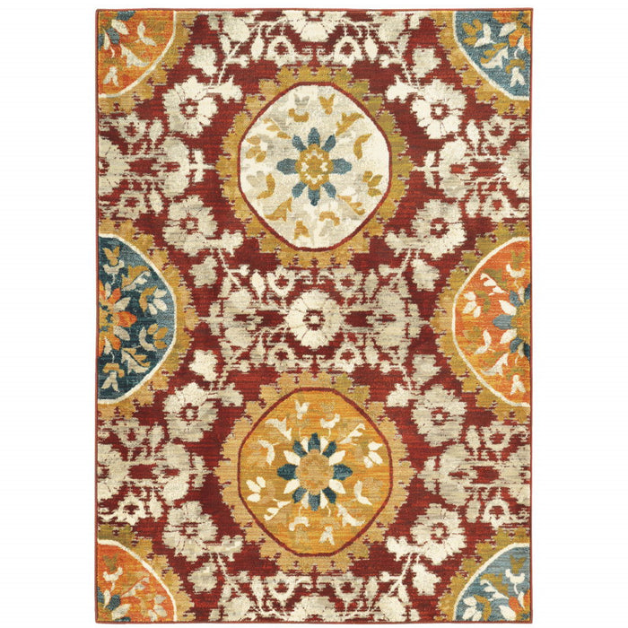 10' x 13' Oriental Power Loom Stain Resistant Area Rug - Red Gold Teal Gray Ivory And Blue
