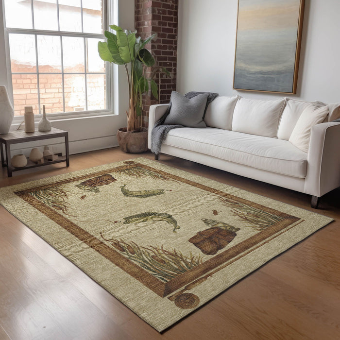 10' X 14' Nautical Washable Area Rug With UV Protection - Khaki