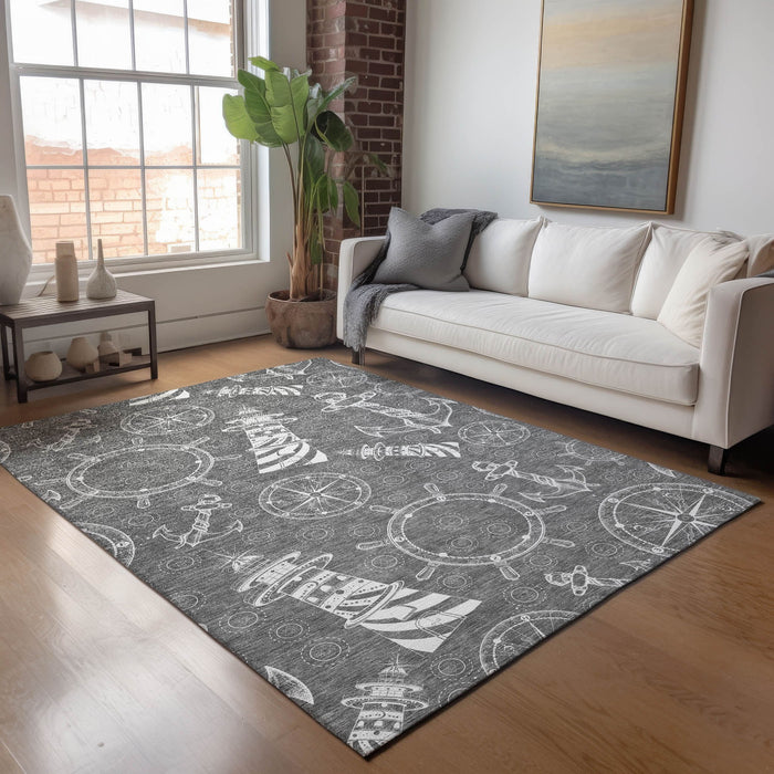 10' X 14' Nautical Washable Area Rug With UV Protection - Gray And Ivory
