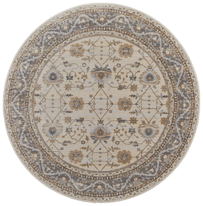 7.8' x 7.8' Round Oriental Power Loom Distressed Area Rug - Brown And Ivory
