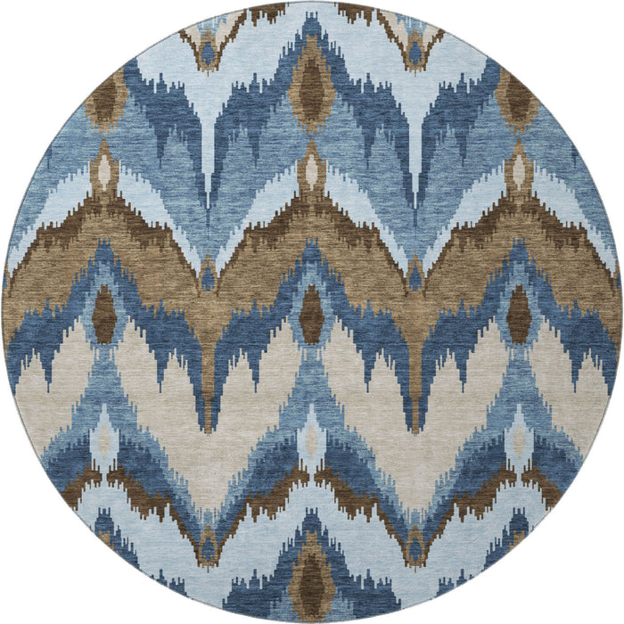8' Ikat Washable Round Rug With UV Protection - Blue