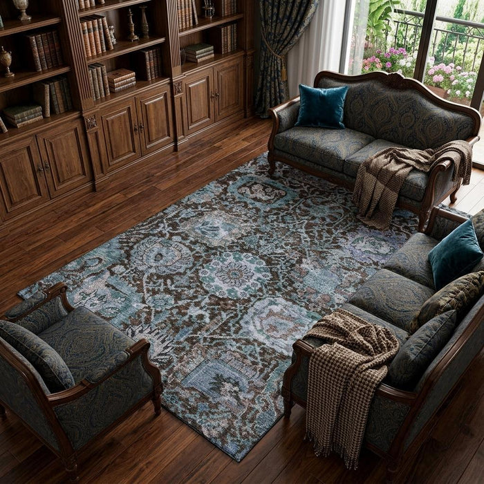 10' X 14' Damask Washable Area Rug With UV Protection (684292) - Chocolate / Teal