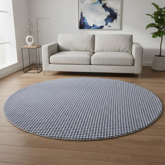 8' Houndstooth Washable Round Rug With UV Protection (645160) - Navy Blue / White