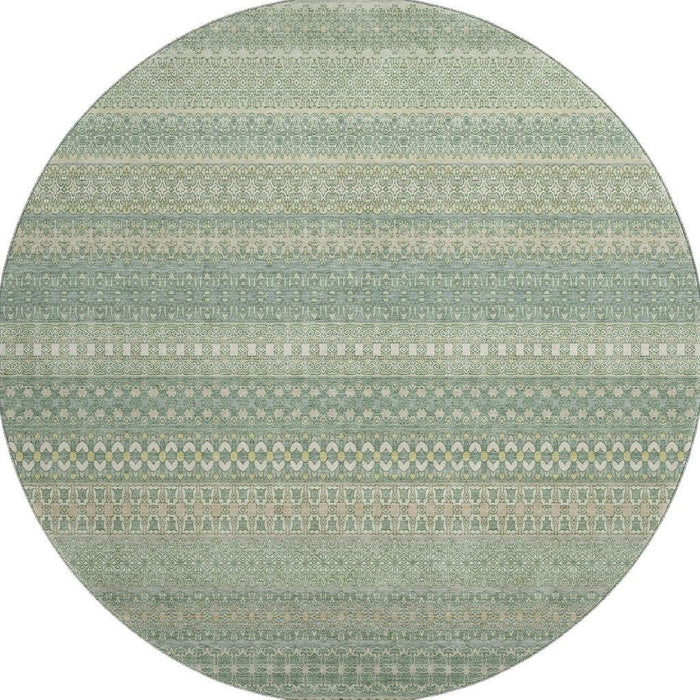 8' Striped Washable Round Rug With UV Protection (647485) - Fern Green / Ivory