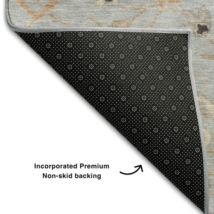 10' X 14' Floral Washable Area Rug With UV Protection (686126) - Gray / Copper / Silver