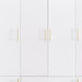 White carved geometric six-door wardrobe with three drawers, 74-inch HomeRoots dresser, showcasing detailed design and storage space.