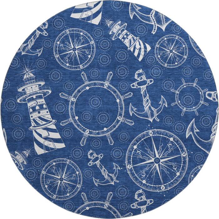 8' Nautical Washable Round Rug With UV Protection - Navy Blue And Ivory