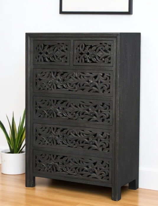35" Carved Floral Solid Wood Six Drawer Dresser - Black