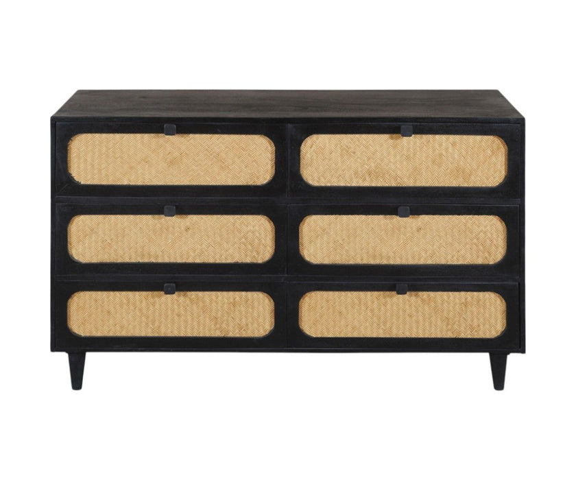 56" Solid Wood And Rat Six Drawer Double Dresser - Black And Natural