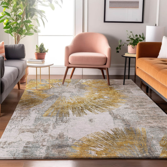 10' X 14' Abstract Washable Area Rug With UV Protection - Gold / Gray