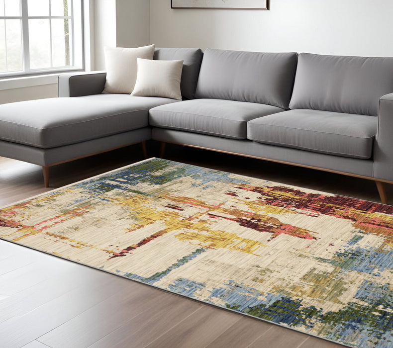 10' X 13' Modern Abstract Area Rug With Fringe - Beige