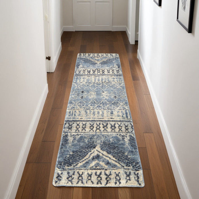 8' Wool Floral Hand Knotted Runner Rug - Gray Blue And Ivory