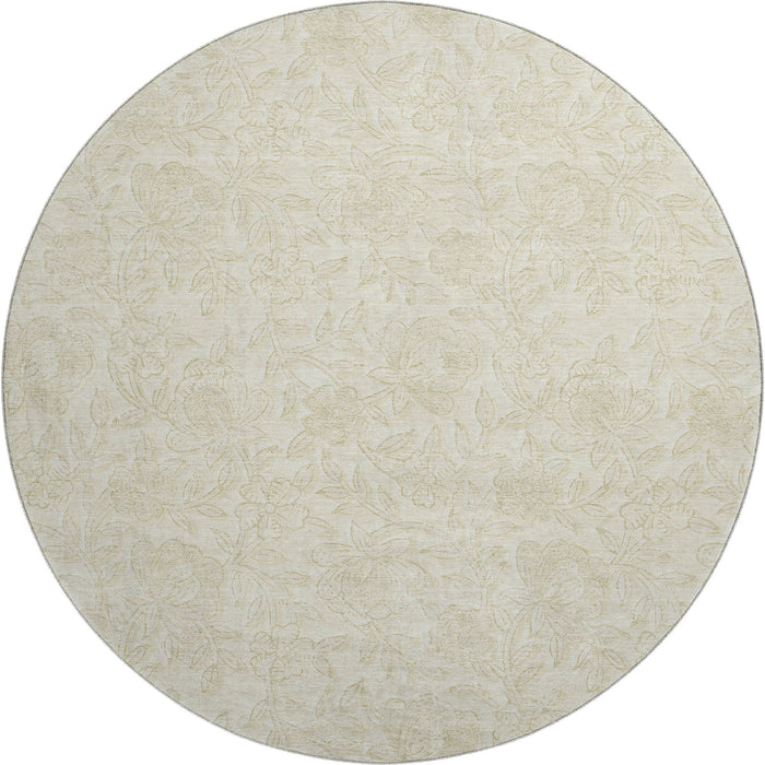 8' Floral Washable Round Rug With UV Protection - Ivory And Beige
