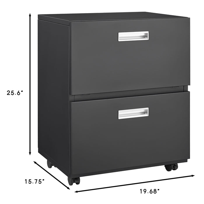Black Giga office filing cabinet with two steel doors and mobile pedestal for copier, printer, and document storage.