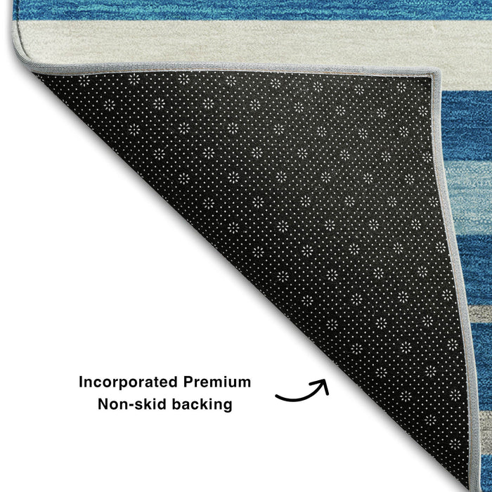 10' X 14' Striped Washable Area Rug With UV Protection (669913) - Denim Blue / Ivory / Gray