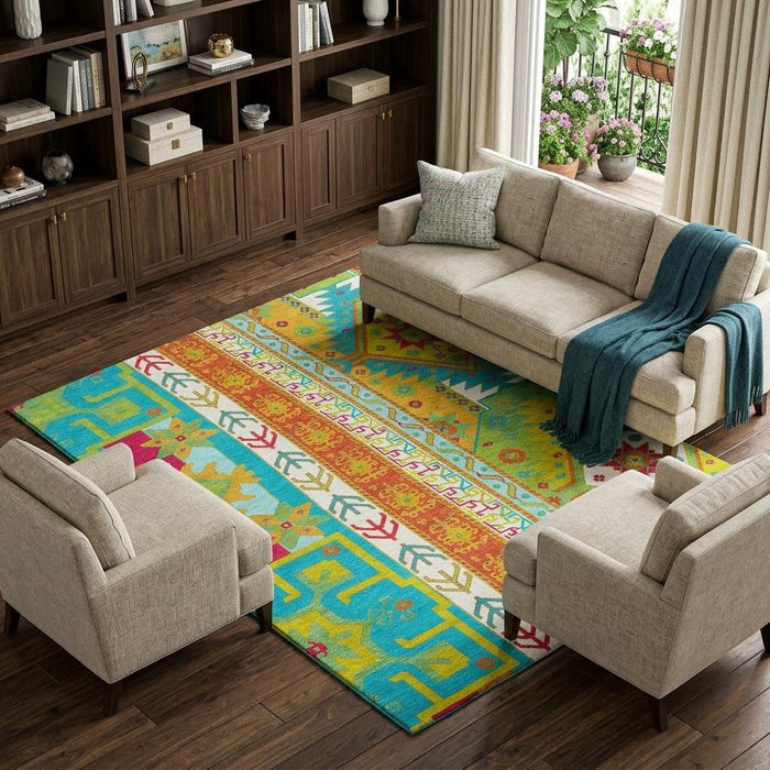 10' X 14' Southwestern Washable Area Rug With UV Protection (679684) - Teal / Lime Green / Orange