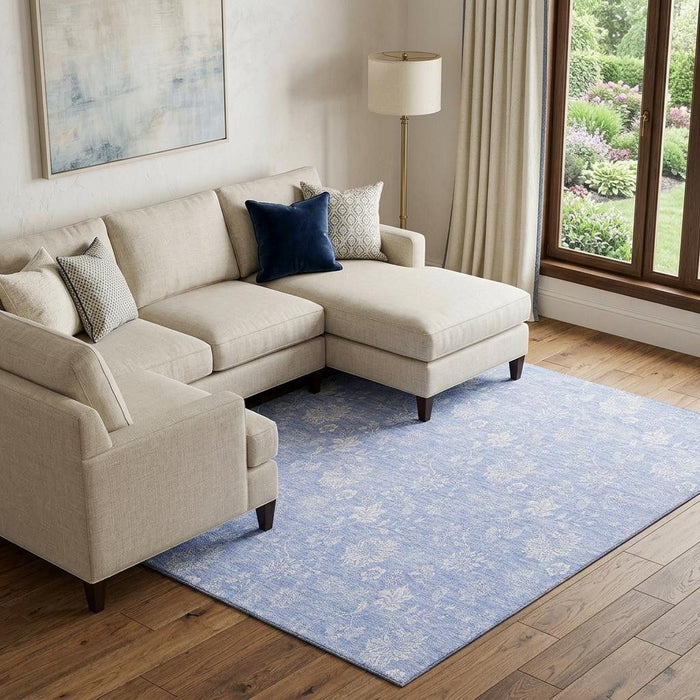 10' X 14' Floral Washable Area Rug With UV Protection (656010) - Sky Blue / Ivory