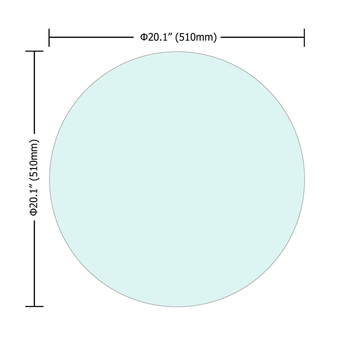 Giga 20-inch round clear tempered glass table top with flat polished edges, 1/4 inch thick, transparent and smooth surface.