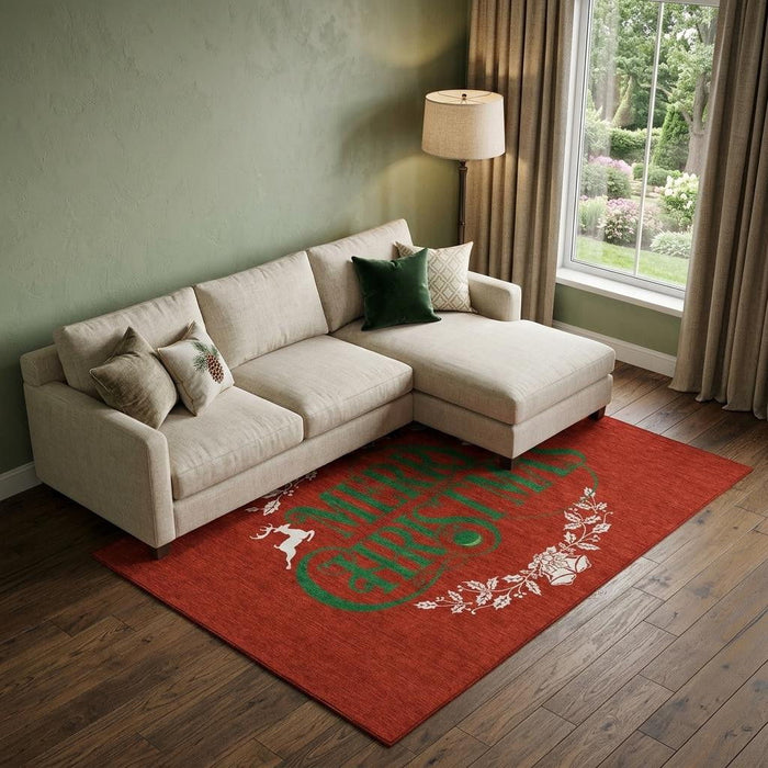10' X 14' Christmas Washable Area Rug With UV Protection (646439) - Green / Ivory / Ruby Red