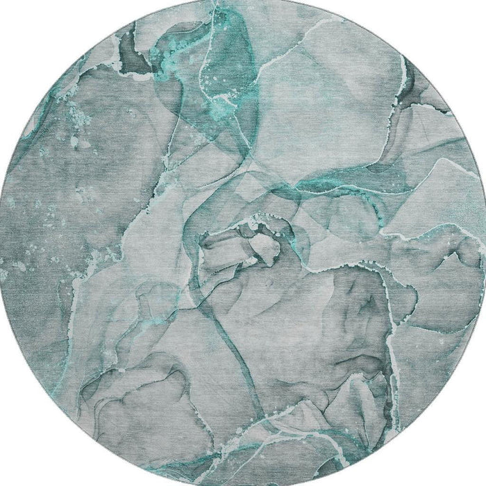 8' Abstract Washable Round Rug With UV Protection (647281) - Teal / Ivory