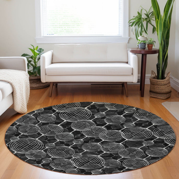 8' Transitional Geometric Washable Round Rug With UV Protection - Black And Ivory