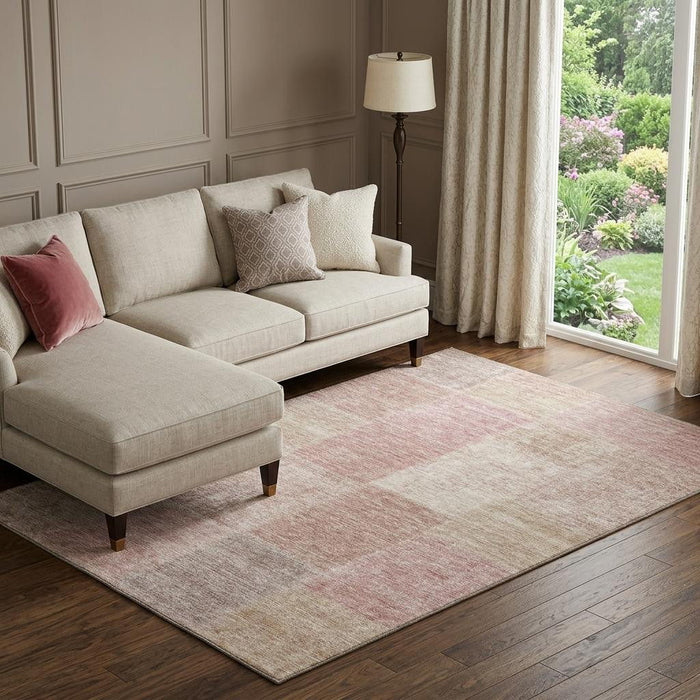 9' X 12' Patchwork Washable Area Rug With UV Protection (655221) - Blush / Beige